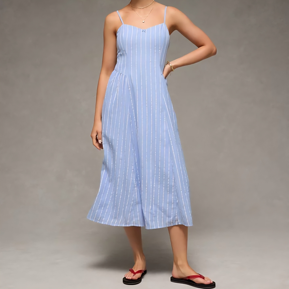 American Eagle Striped Midi Women’s Dress Sweetheart Drop Waist Blue & White, XL